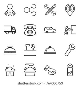 Thin line icon set : share, pencil wrench, dollar pin, delivery, phone, car shipping, courier, service bell, repair tools, meal cap, house cleaning, washing powder, wiping, please clean