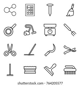Thin line icon set : share, abacus, nail, broom, pan, vacuum cleaner, kitchen scales, big fork, scissors, rake, sickle, pruner, sponge, scraper, brush