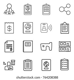 Thin line icon set : share, report, clipboard, receipt, annual, pass card, account balance, copybook, slum, modular house, architector, passport, list