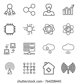 Thin line icon set : share, woman, diagram, chip, atom, notebook connect, server, cloude service, cloud wireless, antenna, smart house