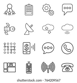 Thin line icon set : share, clipboard, gear, message, satellite, antenna, cloude service, cloud wireless, chip, mobile pay, balloon, phone, consolidated cargo, remote control