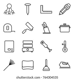 Thin line icon set : share, nail, ruler, pencil, measuring tape, repair, stands for knives, pan, kitchen scales, double boiler, blender, thermometer, rake, sponge, plunger, iron