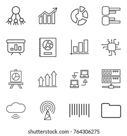 Thin line icon set : share, diagram, circle, presentation, annual report, graph, chip, up, notebook connect, server, cloud wireless, antenna, bar code, documents