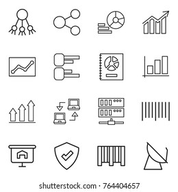 Thin line icon set : share, diagram, statistics, annual report, graph, up, notebook connect, server, bar code, presentation, protected, satellite antenna