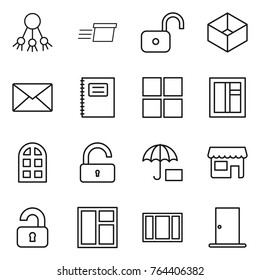Thin line icon set : share, delivery, unlock, box, mail, copybook, window, arch, insurance, shop, unlocked, door