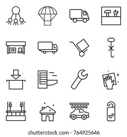 Thin line icon set : share, parachute, delivery, tools, gas station, shipping, trolley, do not hook sign, package, hotel, wrench, wiping, skysrcapers cleaning, house, car wash, please clean