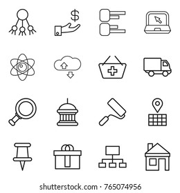 Thin line icon set : share, investment, diagram, notebook, atom, cloude service, add to basket, delivery, magnifier, goverment house, repair, map, pin, hi quality package, hierarchy