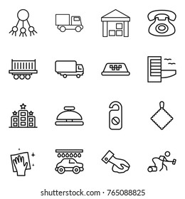 Thin line icon set : share, truck, warehouse, phone, shipping, taxi, hotel, service bell, do not distrub, rag, wiping, car wash, vacuum cleaner