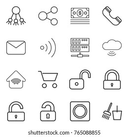 Thin line icon set : share, money, phone, mail, wireless, server, cloud, home, cart, unlock, lock, unlocked, ring button, bucket and broom