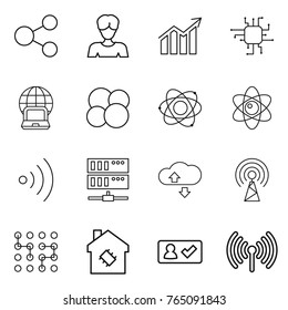 Thin line icon set : share, woman, diagram, chip, notebook globe, atom core, wireless, server, cloude service, antenna, smart house, check in
