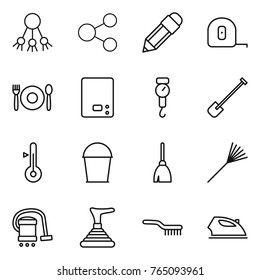 Thin line icon set : share, pencil, measuring tape, cafe, kitchen scales, handle, shovel, thermometer, bucket, broom, rake, vacuum cleaner, plunger, brush, iron