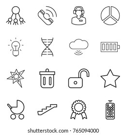 Thin line icon set : share, call, center, diagram, bulb, dna, cloud wireless, battery, bang, bin, unlock, star, baby stroller, stairs, medal, remote control