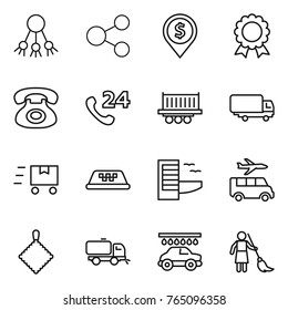 Thin line icon set : share, dollar pin, medal, phone, 24, truck shipping, fast deliver, taxi, hotel, transfer, rag, sweeper, car wash, brooming