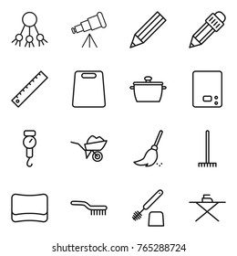 Thin line icon set : share, telescope, pencil, ruler, cutting board, pan, kitchen scales, handle, wheelbarrow, broom, rake, sponge, brush, toilet, iron