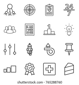 Thin line icon set : share, target, report, 24 7, group, abacus, pedestal, bulb, equalizer, spark plug, trip, pin, sorting, medal, first aid, cake