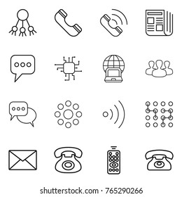 Thin line icon set : share, phone, call, newspaper, message, chip, notebook globe, group, discussion, round around, wireless, mail, remote control