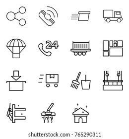 Thin line icon set : share, call, delivery, truck, parachute, phone 24, shipping, consolidated cargo, package, fast deliver, bucket and broom, skysrcapers cleaning, skyscrapers, vacuum cleaner