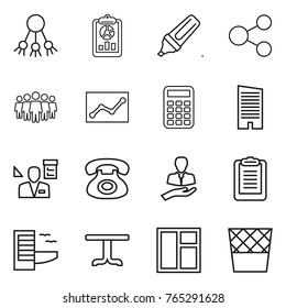 Thin line icon set : share, report, marker, team, statistics, calculator, skyscraper, architector, phone, client, clipboard, hotel, table, window, trash bin