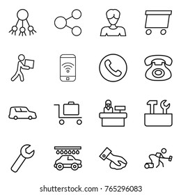 Thin line icon set : share, woman, delivery, courier, phone wireless, car shipping, baggage trolley, reception, repair tools, wrench, wash, wiping, vacuum cleaner