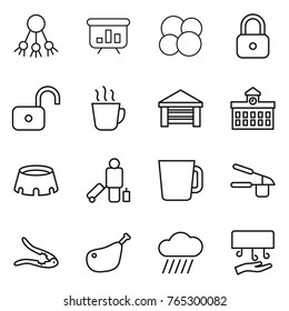 Thin line icon set : share, presentation, atom core, lock, unlock, hot drink, garage, university, stadium, passenger, cup, garlic clasp, walnut crack, chicken leg, rain cloud, hand dryer