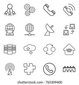 Thin line icon set : share, gear, phone, call, notebook globe, connect, satellite antenna, server, cloude service, quantum bond, wireless home, puzzle, bridge
