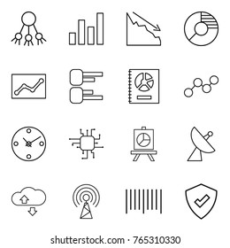 Thin line icon set : share, graph, crisis, circle diagram, statistics, annual report, clock, chip, presentation, satellite antenna, cloude service, bar code, protected