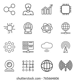 Thin line icon set : share, woman, diagram, chip, notebook globe, atom, connect, round around, server, cloud wireless, antenna, web cam