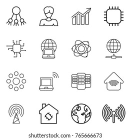 Thin line icon set : share, woman, diagram, chip, notebook globe, atom, connect, round around, wireless, server, home, antenna, smart house
