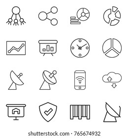 Thin line icon set : share, diagram, circle, statistics, presentation, clock, satellite antenna, phone wireless, cloude service, protected, bar code