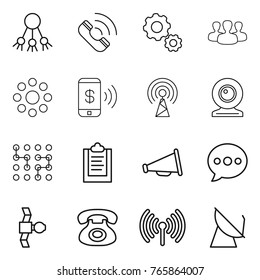 Thin line icon set : share, call, gear, group, round around, phone pay, antenna, web cam, chip, clipboard, loudspeaker, balloon, satellite, wireless