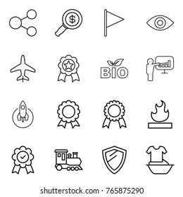 Thin line icon set : share, dollar magnifier, flag, eye, plane, medal, bio, presentation, rocket, flammable, train, shield, handle washing