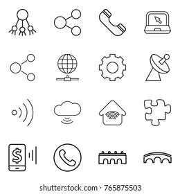 Thin line icon set : share, phone, notebook, molecule, globe connect, gear, satellite antenna, wireless, cloud, home, puzzle, mobile pay, bridge