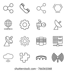 Thin line icon set : share, phone, molecule, hex, globe connect, gear, satellite, antenna, round around, server, cloud wireless, puzzle, bridge