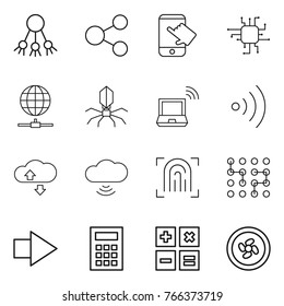 Thin line icon set : share, touch, chip, globe connect, virus, notebook wireless, cloude service, cloud, fingerprint, right arrow, calculator, cooler fan