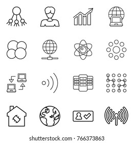 Thin line icon set : share, woman, diagram, notebook globe, atom core, connect, round around, wireless, server, chip, smart house, check in