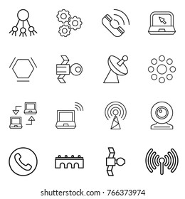 Thin line icon set : share, gear, call, notebook, hex molecule, satellite, antenna, round around, connect, wireless, web cam, phone, bridge