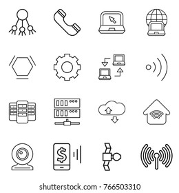 Thin line icon set : share, phone, notebook, globe, hex molecule, gear, connect, wireless, server, cloude service, home, web cam, mobile pay, satellite
