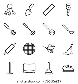Thin line icon set : share, construction, level, handle scales, whisk, skimmer, ladle, rolling pin, sieve, wheelbarrow, broom, rake, sponge, plunger, iron