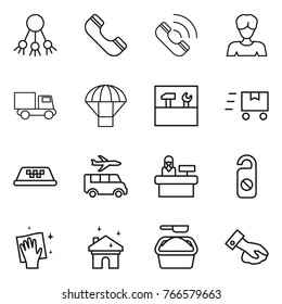 Thin line icon set : share, phone, call, woman, truck, parachute, tools, fast deliver, taxi, transfer, reception, do not distrub, wiping, house cleaning, washing powder