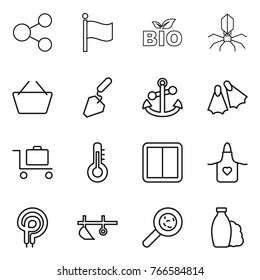 Thin line icon set : share, flag, bio, virus, basket, construction, anchor, flippers, baggage trolley, thermometer, power switch, apron, elecric oven, plow, viruses, shampoo