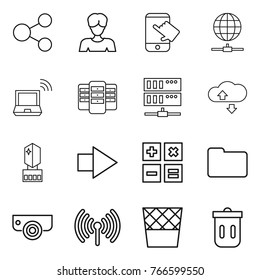 Thin line icon set : share, woman, touch, globe connect, notebook wireless, server, cloude service, crystall memory, right arrow, calculator, documents, surveillance camera, trash bin