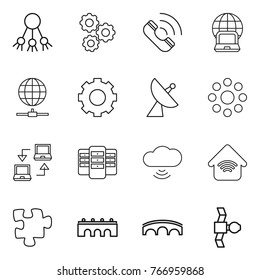 Thin line icon set : share, gear, call, notebook globe, connect, satellite antenna, round around, server, cloud wireless, home, puzzle, bridge