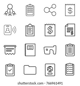 Thin line icon set : share, clipboard, receipt, pass card, account balance, atm, copybook, slum, check, documents, passport, list