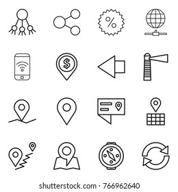 Thin line icon set : share, percent, globe connect, phone wireless, dollar pin, left arrow, lighthouse, geo, location details, map, route, compass, reload