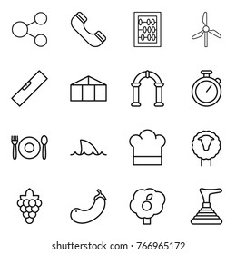 Thin line icon set : share, phone, abacus, windmill, level, greenhouse, arch, stopwatch, cafe, shark flipper, cook hat, sheep, grape, eggplant, garden, plunger