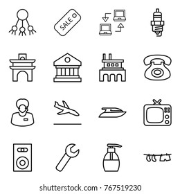 Thin line icon set : share, sale, notebook connect, spark plug, arch, library, factory, phone, support manager, arrival, yacht, tv, speaker, wrench, liquid soap, drying clothe