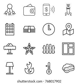 Thin line icon set : share, wallet, phone pay, dna modify, building, money, clock, map, restaurant, starfish, fence, window, floor lamp, fire, thermometer, sponge with foam