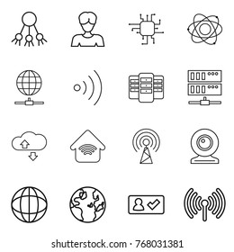 Thin line icon set : share, woman, chip, atom, globe connect, wireless, server, cloude service, home, antenna, web cam, check in