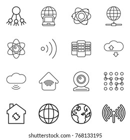 Thin line icon set : share, notebook globe, atom, connect, wireless, server, cloude service, cloud, home, web cam, chip, smart house