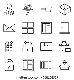 Thin line icon set : share, 24 7, delivery, box, mail, window, door, arch, unlock, package, insurance, unlocked